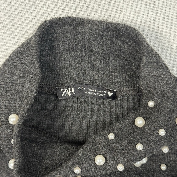 Zara Faux Pearl Sweater Women's Size High Neck Gray - Picture 3 of 10